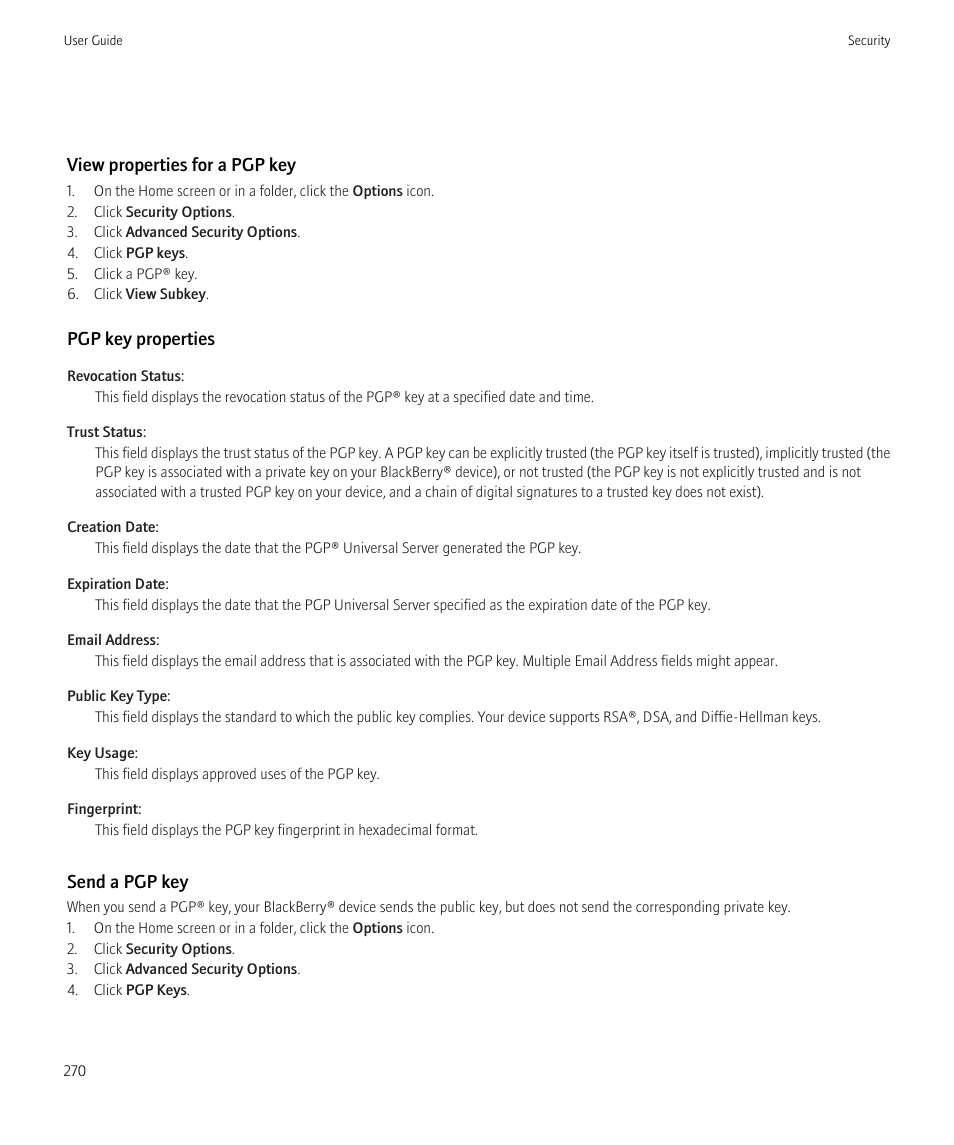 View properties for a pgp key, Pgp key properties, Send a pgp key | Blackberry CURVE 8350I User Manual | Page 272 / 318