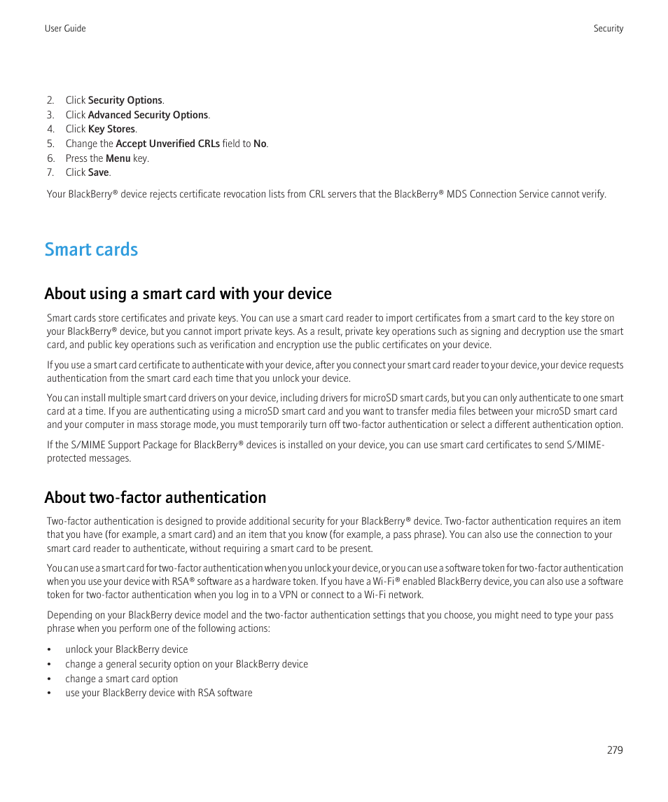 Smart cards, About using a smart card with your device, About two-factor authentication | Blackberry CURVE 8350I User Manual | Page 281 / 318