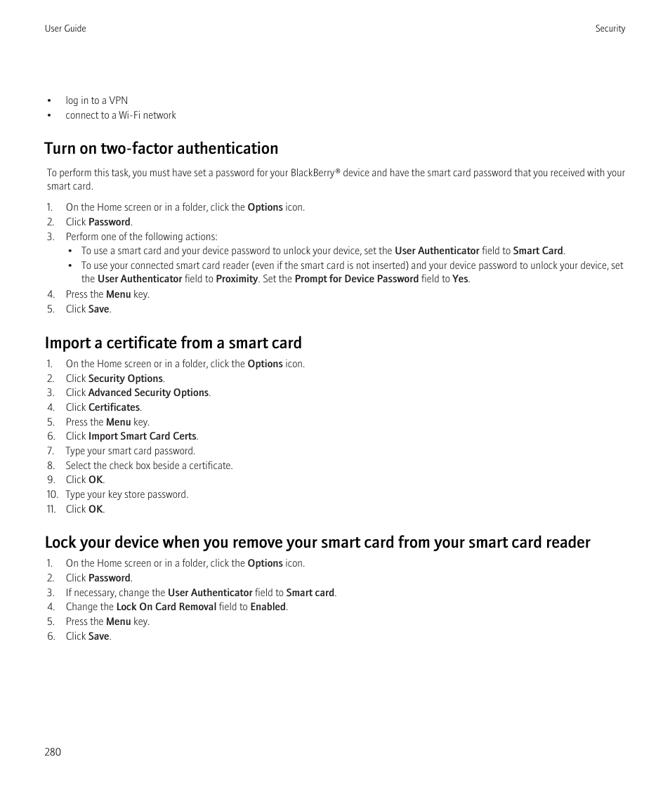Turn on two-factor authentication, Import a certificate from a smart card | Blackberry CURVE 8350I User Manual | Page 282 / 318