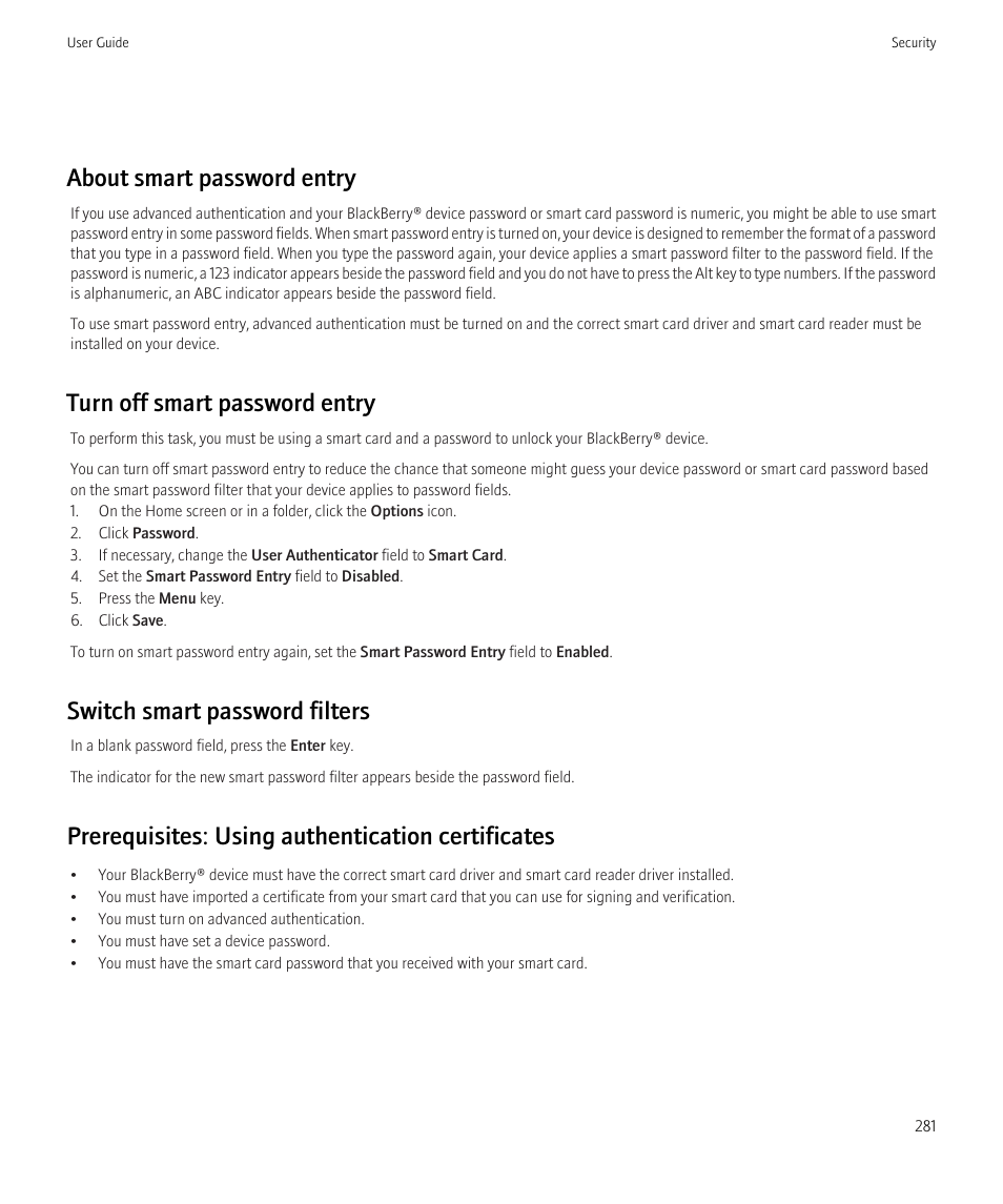 About smart password entry, Turn off smart password entry, Switch smart password filters | Prerequisites: using authentication certificates | Blackberry CURVE 8350I User Manual | Page 283 / 318