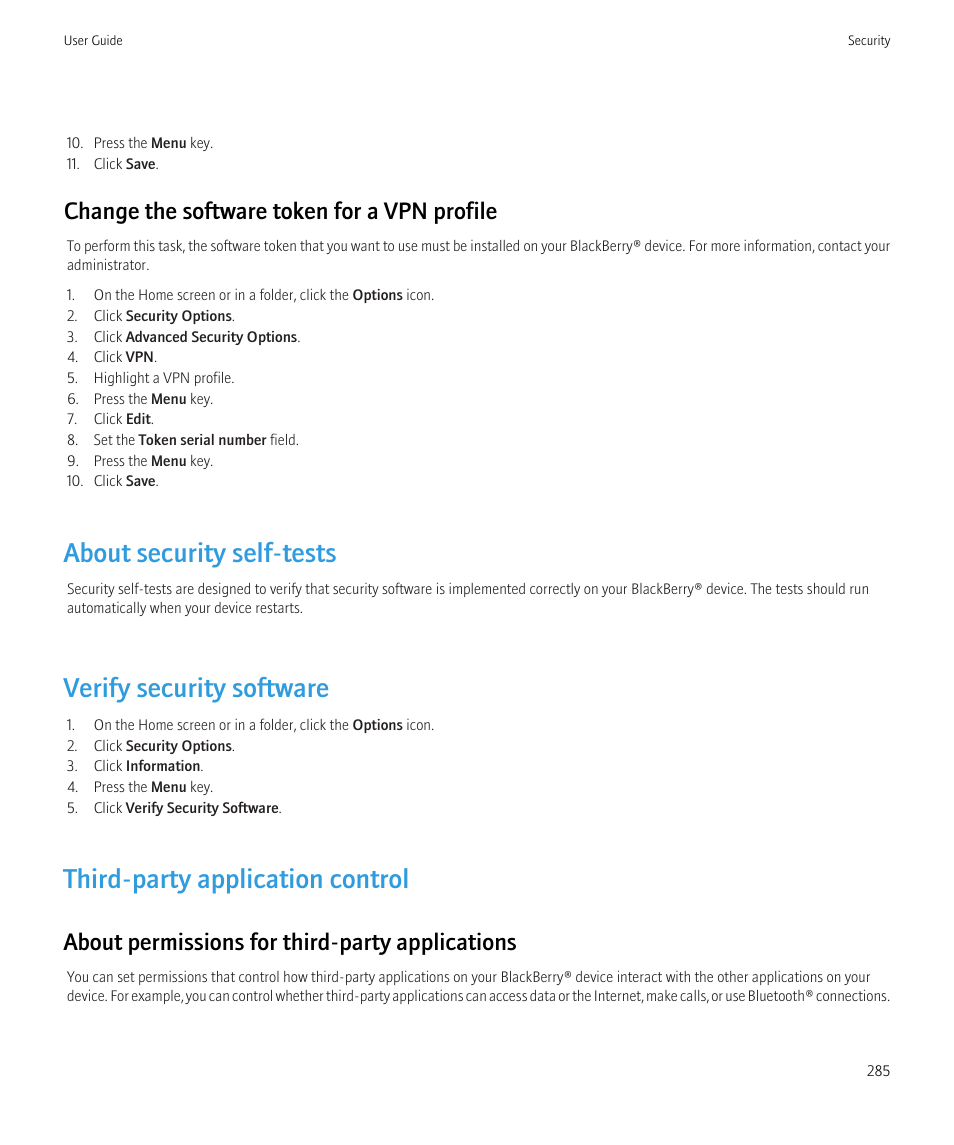 About security self-tests, Verify security software, Third-party application control | Change the software token for a vpn profile, About permissions for third-party applications | Blackberry CURVE 8350I User Manual | Page 287 / 318