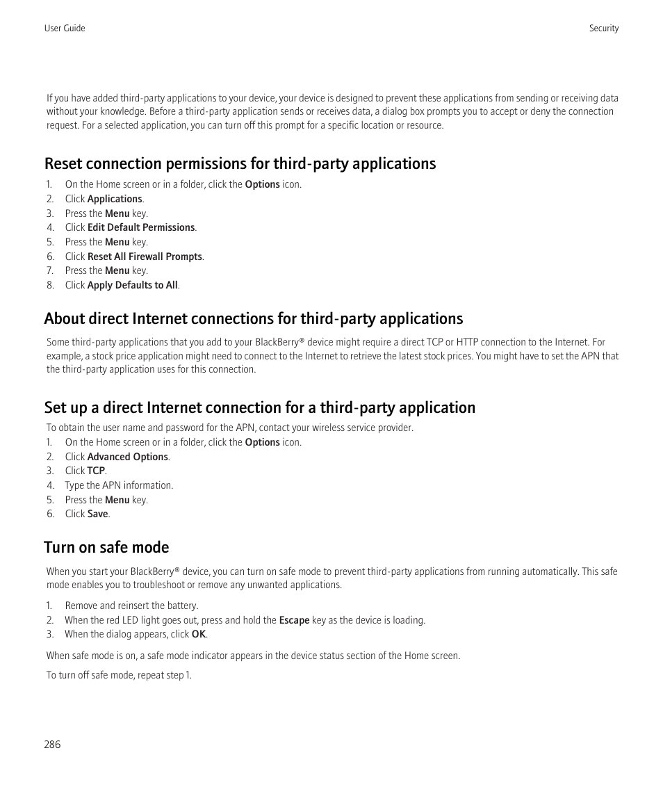 Turn on safe mode | Blackberry CURVE 8350I User Manual | Page 288 / 318