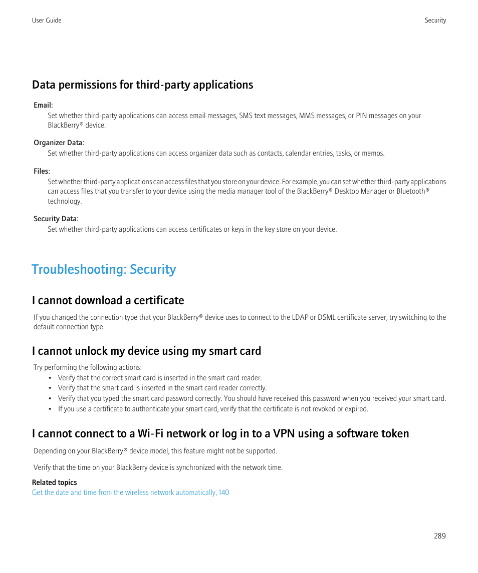 Troubleshooting: security, Data permissions for third-party applications, I cannot download a certificate | I cannot unlock my device using my smart card | Blackberry CURVE 8350I User Manual | Page 291 / 318