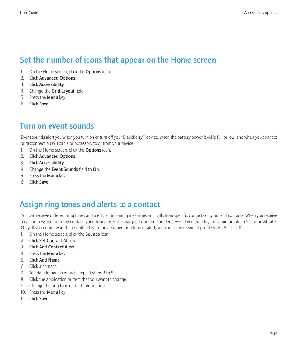 Turn on event sounds, Assign ring tones and alerts to a contact | Blackberry CURVE 8350I User Manual | Page 299 / 318