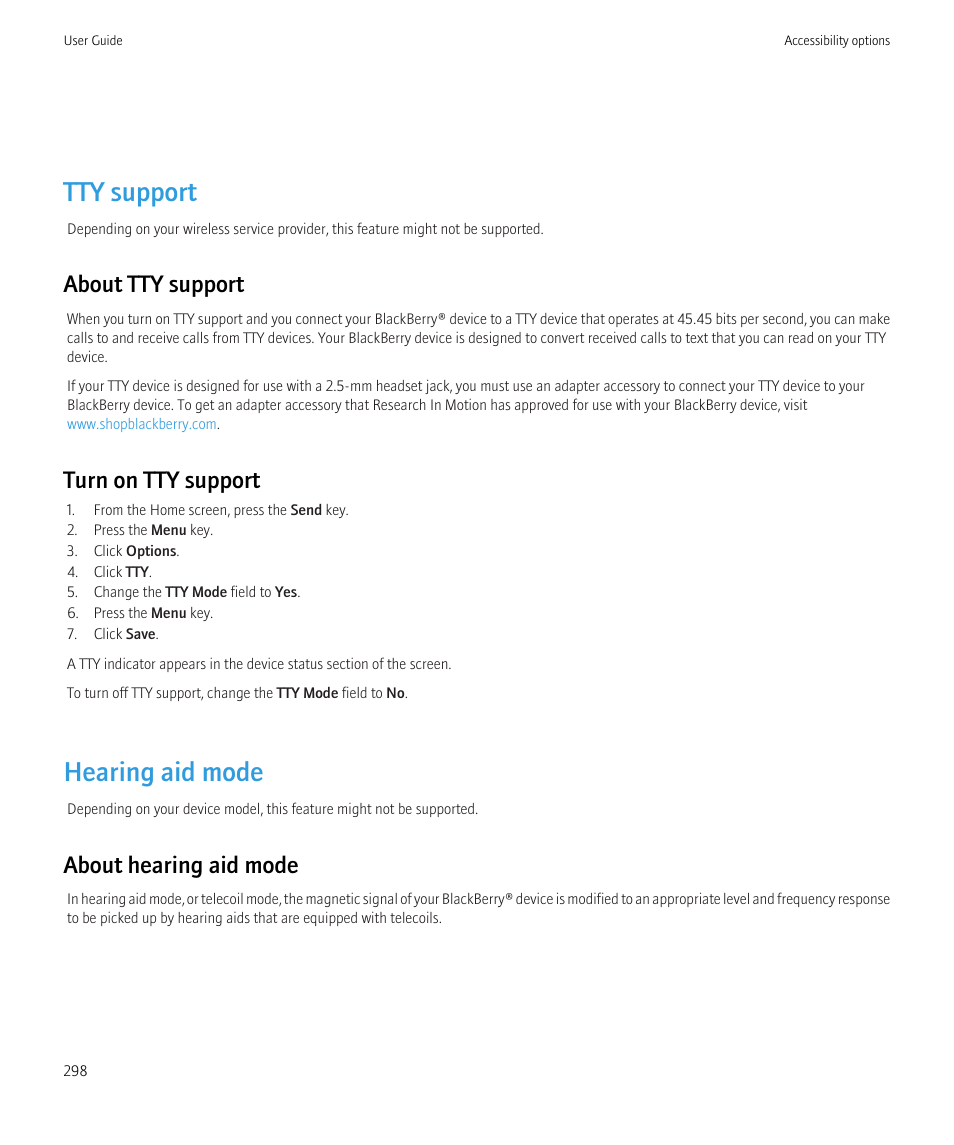 Tty support, Hearing aid mode, About tty support | Turn on tty support, About hearing aid mode | Blackberry CURVE 8350I User Manual | Page 300 / 318