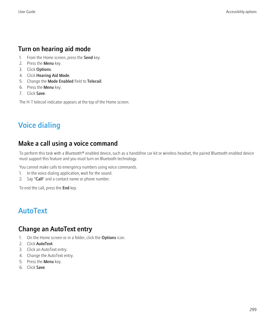 Voice dialing, Autotext, Turn on hearing aid mode | Make a call using a voice command, Change an autotext entry | Blackberry CURVE 8350I User Manual | Page 301 / 318