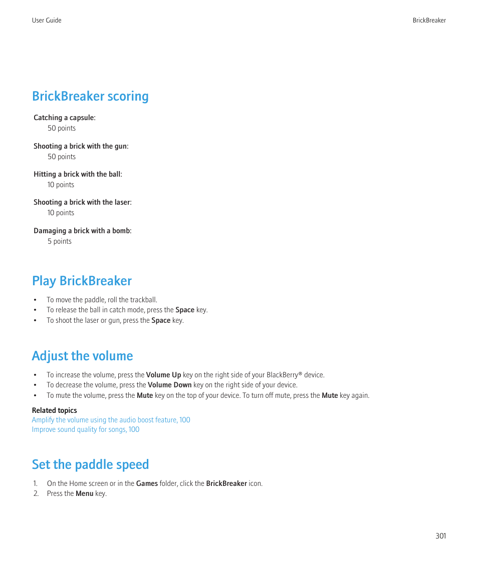 Brickbreaker scoring, Play brickbreaker, Adjust the volume | Set the paddle speed | Blackberry CURVE 8350I User Manual | Page 303 / 318