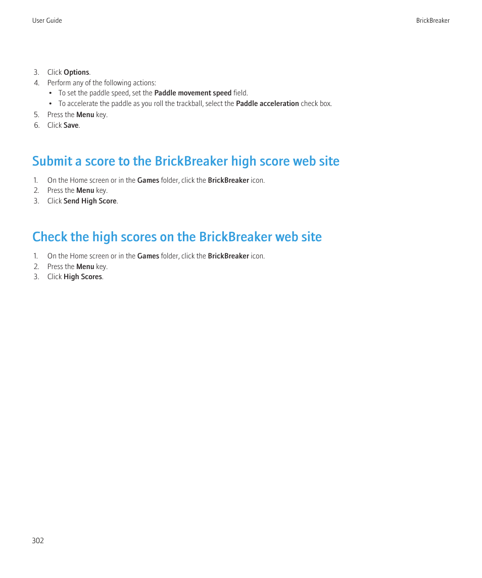 Check the high scores on the brickbreaker web site | Blackberry CURVE 8350I User Manual | Page 304 / 318