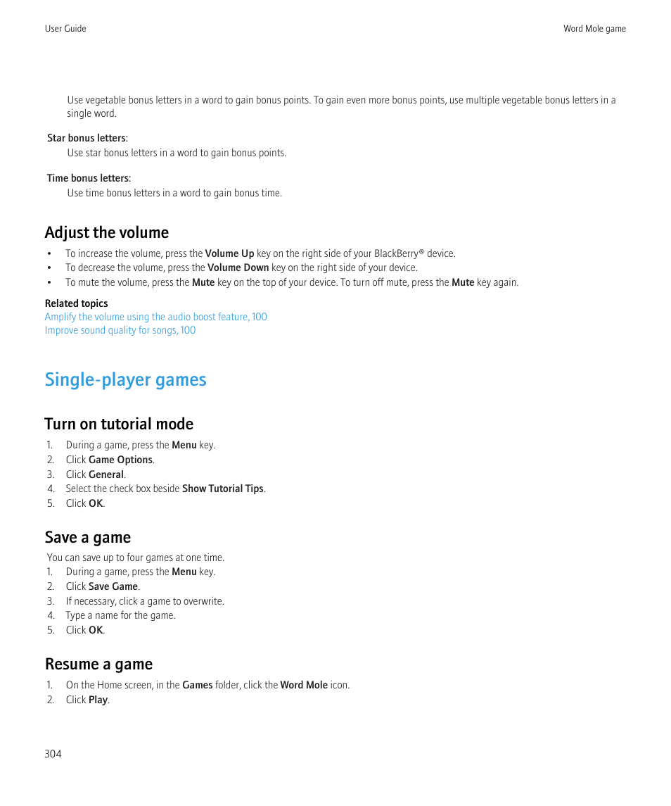 Single-player games, Adjust the volume, Turn on tutorial mode | Save a game, Resume a game | Blackberry CURVE 8350I User Manual | Page 306 / 318