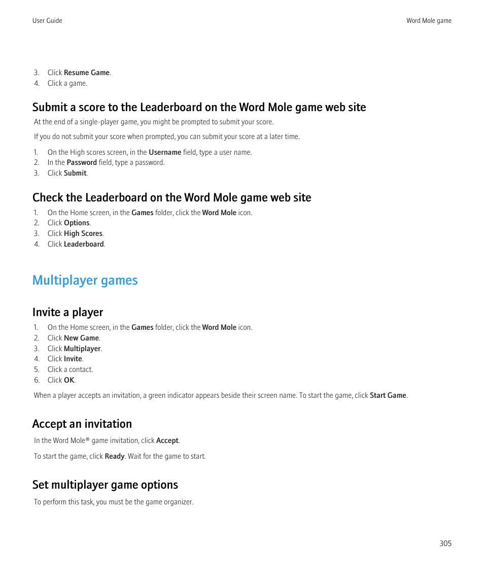 Multiplayer games, Invite a player, Accept an invitation | Set multiplayer game options | Blackberry CURVE 8350I User Manual | Page 307 / 318