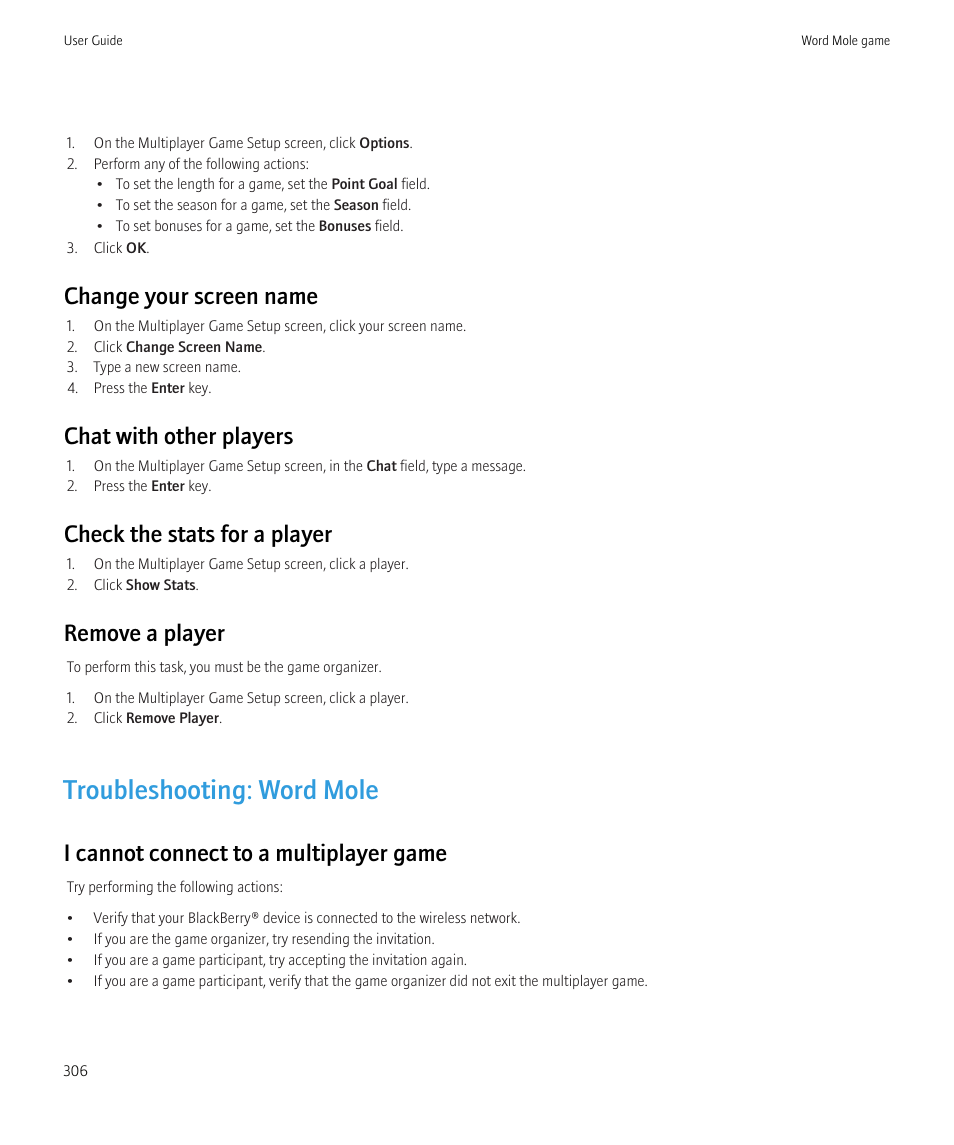 Troubleshooting: word mole, Change your screen name, Chat with other players | Check the stats for a player, Remove a player, I cannot connect to a multiplayer game | Blackberry CURVE 8350I User Manual | Page 308 / 318