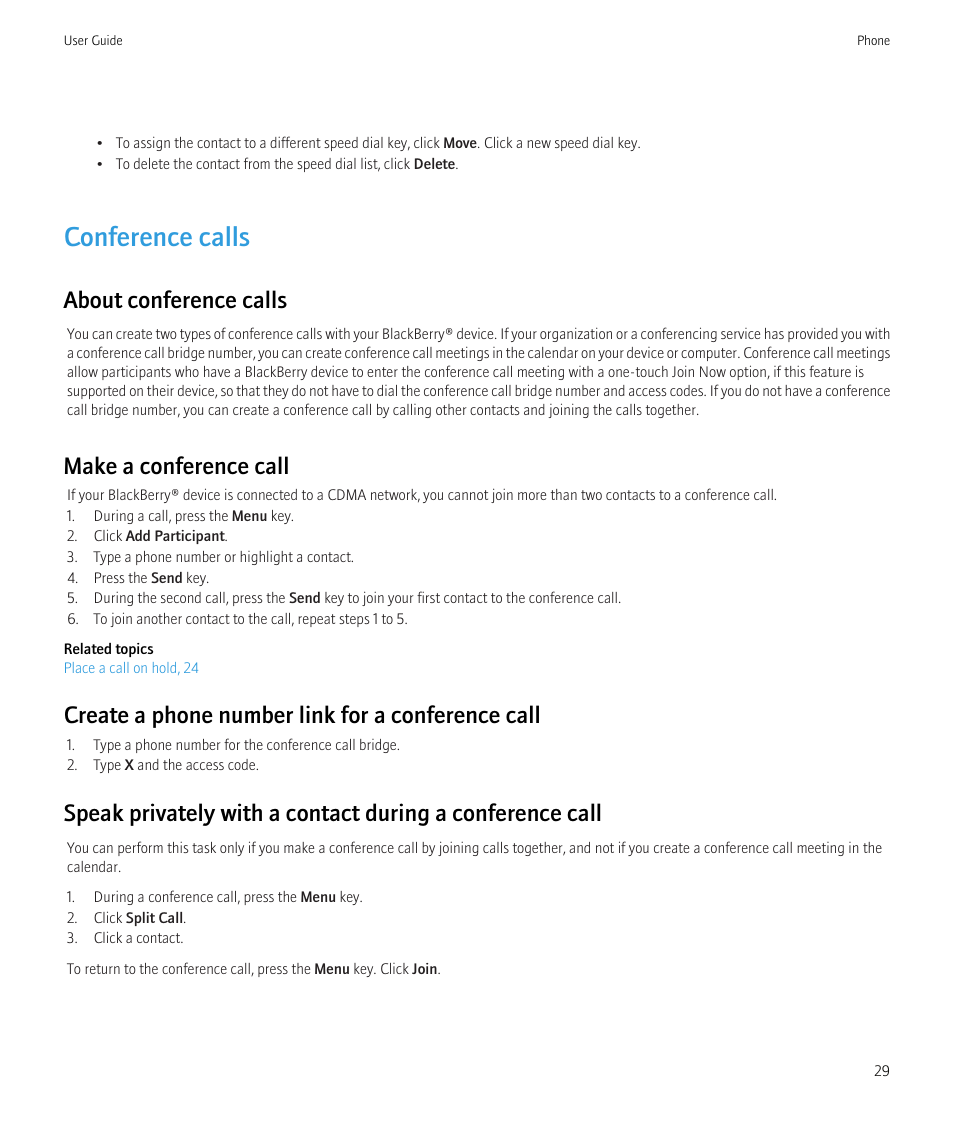 Conference calls, About conference calls, Make a conference call | Create a phone number link for a conference call | Blackberry CURVE 8350I User Manual | Page 31 / 318