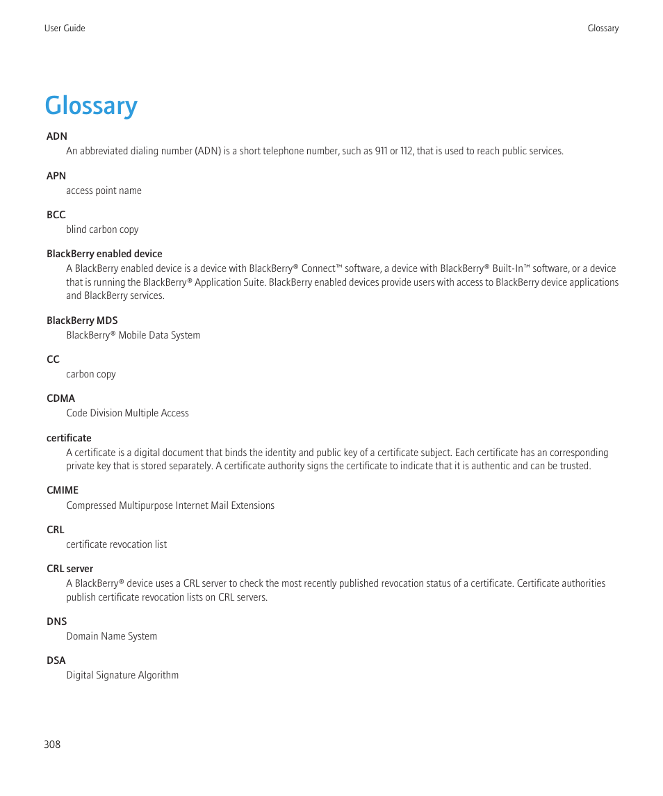 Glossary | Blackberry CURVE 8350I User Manual | Page 310 / 318