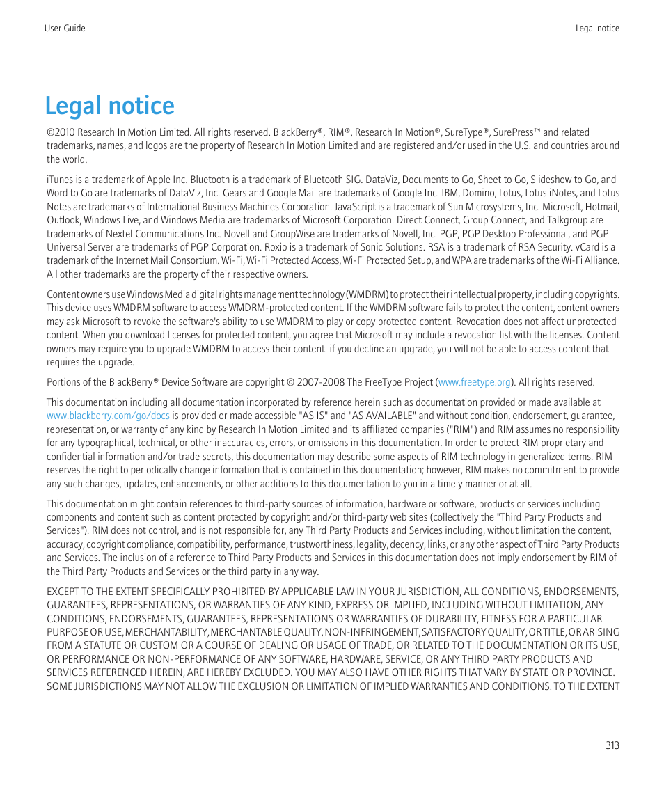 Legal notice | Blackberry CURVE 8350I User Manual | Page 315 / 318