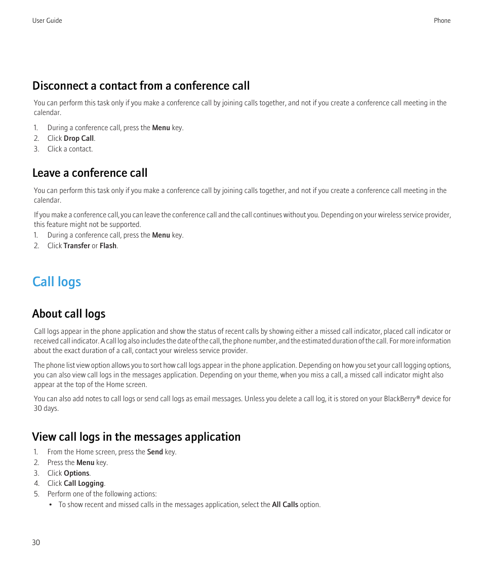 Call logs, Disconnect a contact from a conference call, Leave a conference call | About call logs, View call logs in the messages application | Blackberry CURVE 8350I User Manual | Page 32 / 318