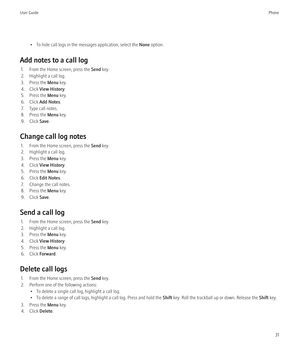 Send a call log, Delete call logs | Blackberry CURVE 8350I User Manual | Page 33 / 318