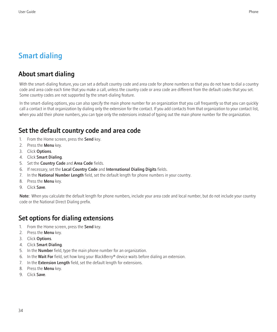 Smart dialing, About smart dialing, Set the default country code and area code | Set options for dialing extensions | Blackberry CURVE 8350I User Manual | Page 36 / 318