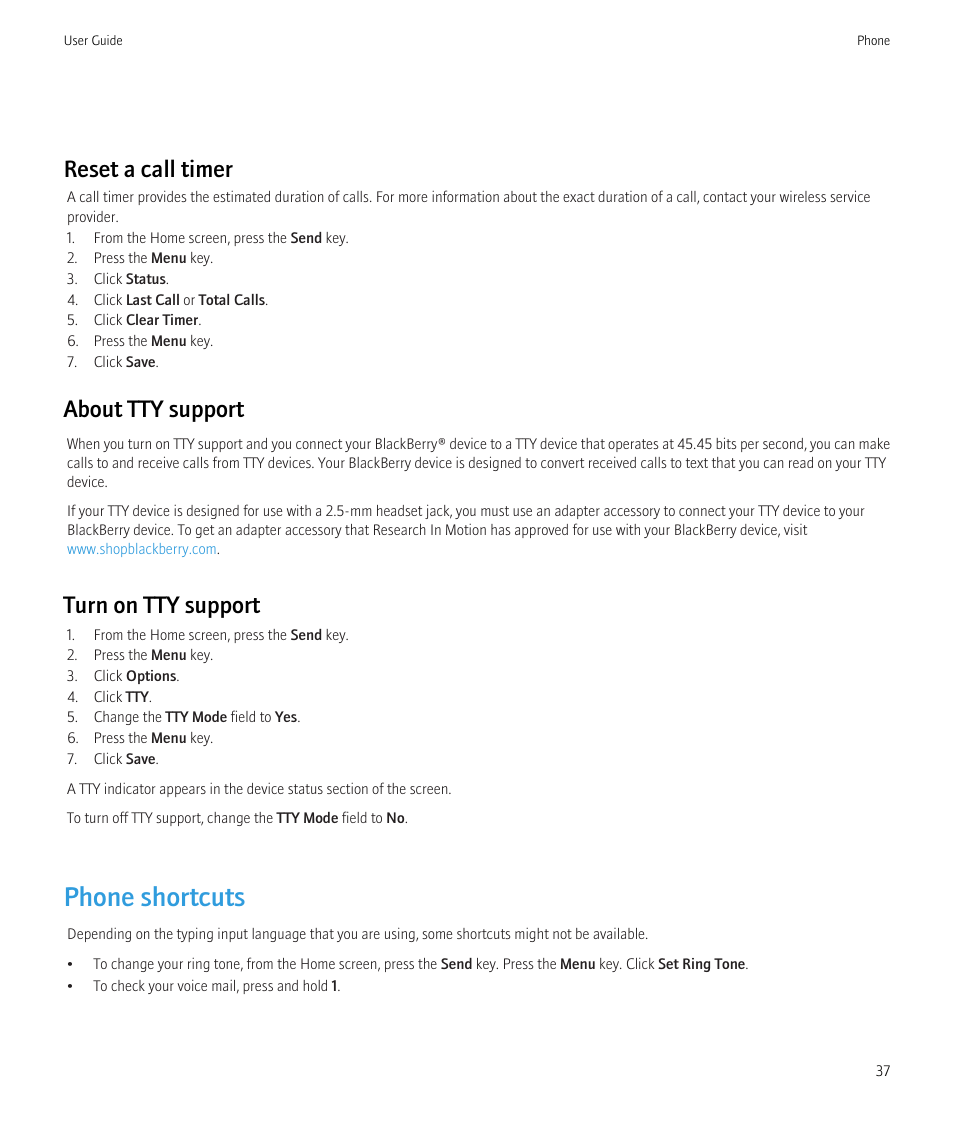 Phone shortcuts, Reset a call timer, About tty support | Turn on tty support | Blackberry CURVE 8350I User Manual | Page 39 / 318