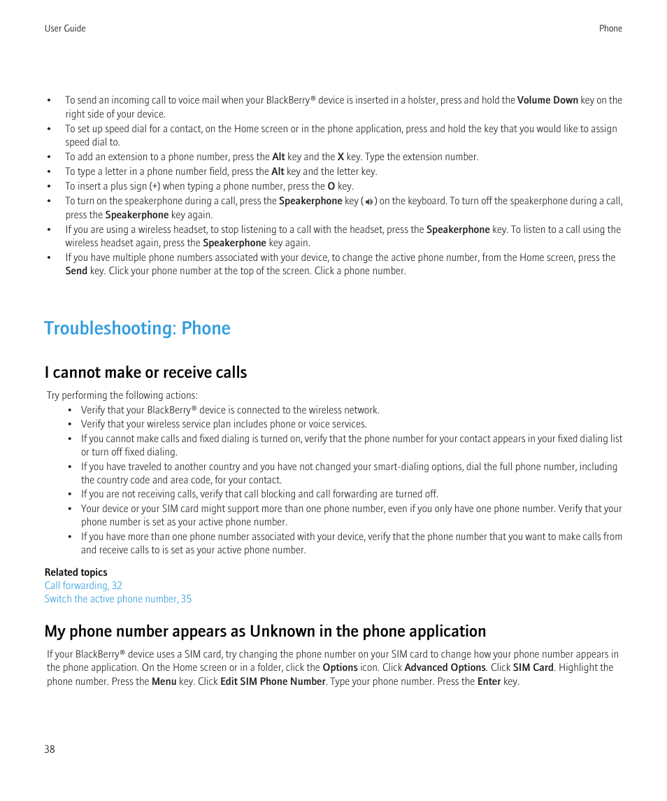 Troubleshooting: phone, I cannot make or receive calls | Blackberry CURVE 8350I User Manual | Page 40 / 318
