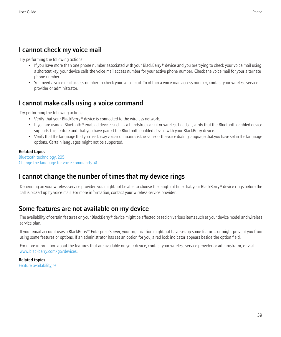 I cannot check my voice mail, I cannot make calls using a voice command, Some features are not available on my device | Blackberry CURVE 8350I User Manual | Page 41 / 318