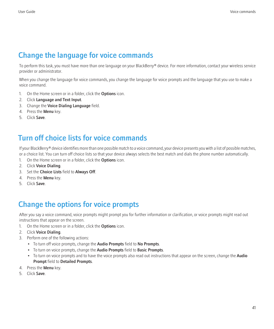 Change the language for voice commands, Turn off choice lists for voice commands, Change the options for voice prompts | Blackberry CURVE 8350I User Manual | Page 43 / 318