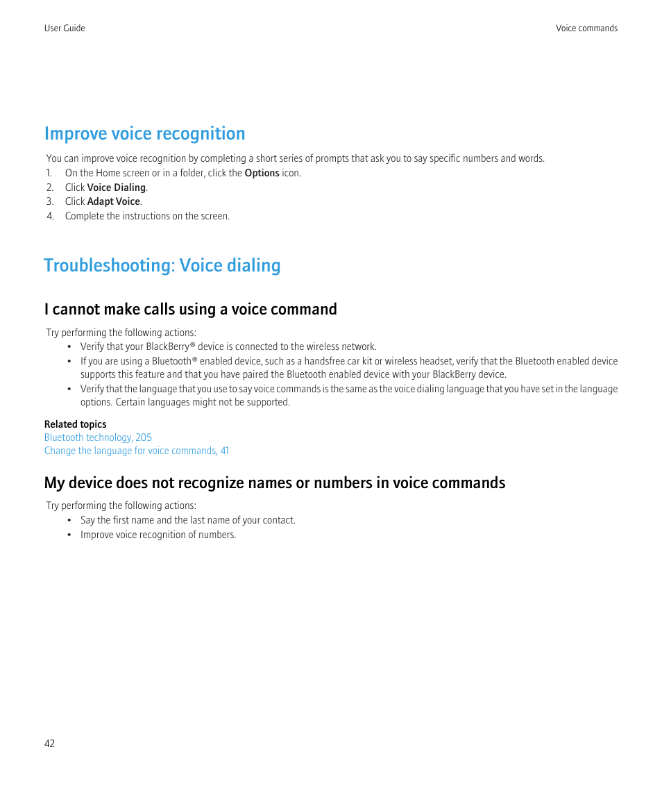 Improve voice recognition, Troubleshooting: voice dialing, I cannot make calls using a voice command | Blackberry CURVE 8350I User Manual | Page 44 / 318