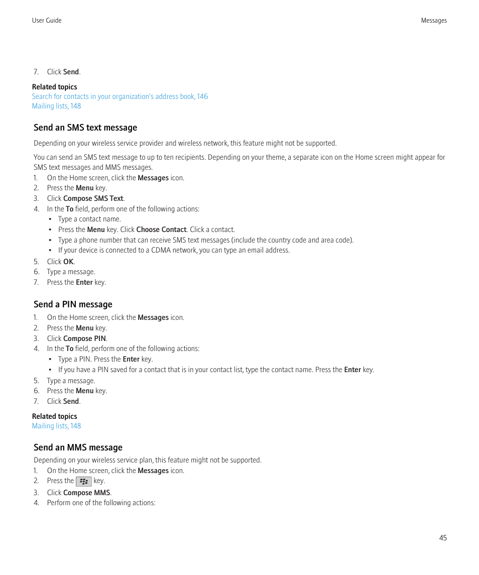 Send an sms text message, Send a pin message, Send an mms message | Blackberry CURVE 8350I User Manual | Page 47 / 318
