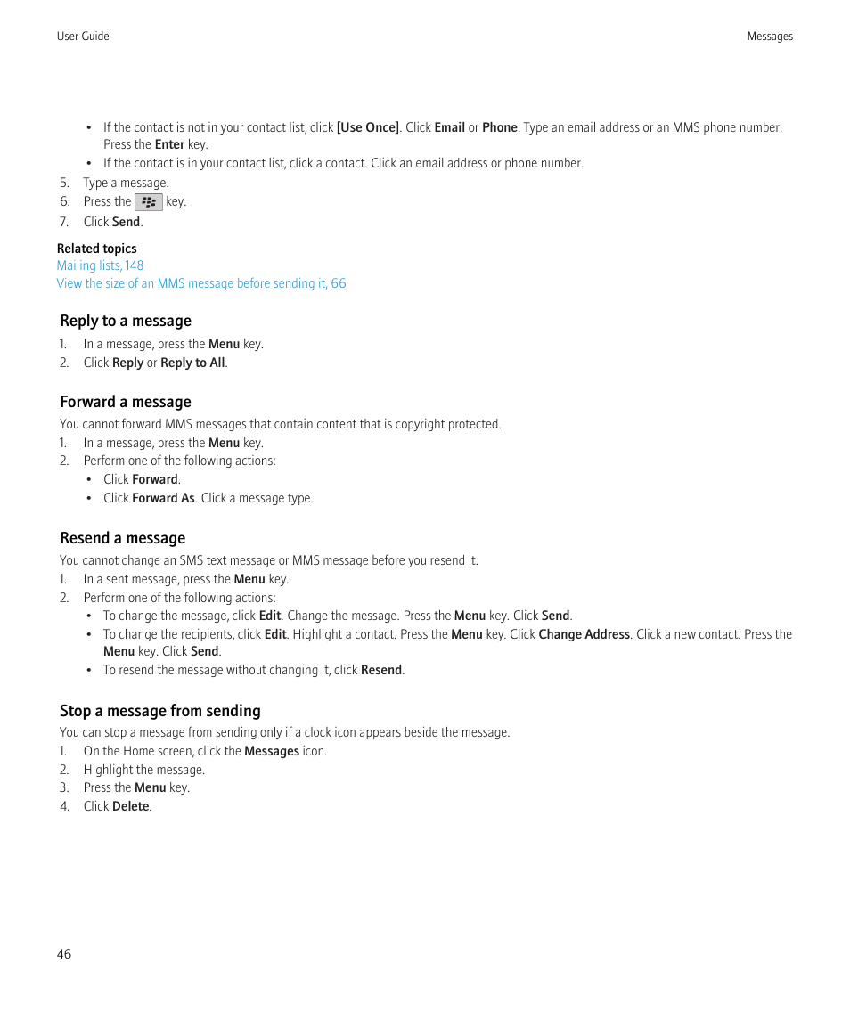 Reply to a message, Forward a message, Resend a message | Stop a message from sending | Blackberry CURVE 8350I User Manual | Page 48 / 318