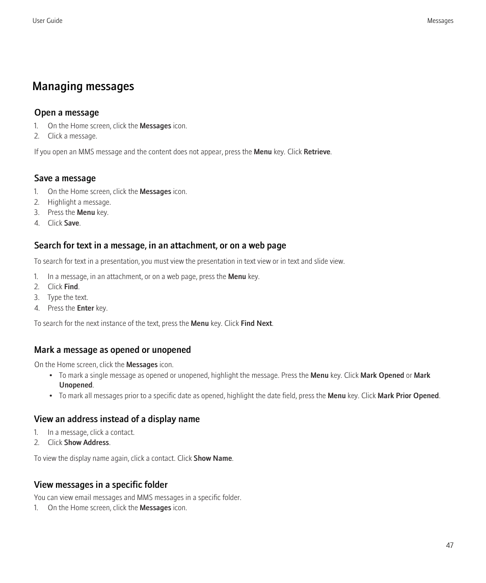 Managing messages | Blackberry CURVE 8350I User Manual | Page 49 / 318