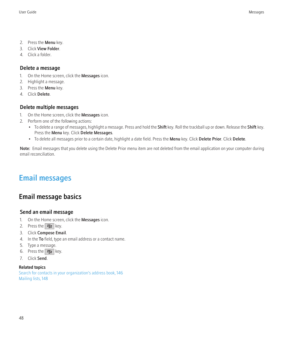 Email messages, Delete a message, 48, Email message basics | Blackberry CURVE 8350I User Manual | Page 50 / 318