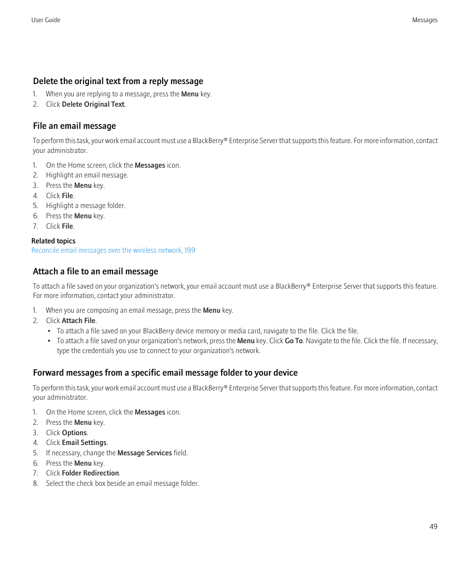 Delete the original text from a reply message, File an email message, Attach a file to an email message | Blackberry CURVE 8350I User Manual | Page 51 / 318