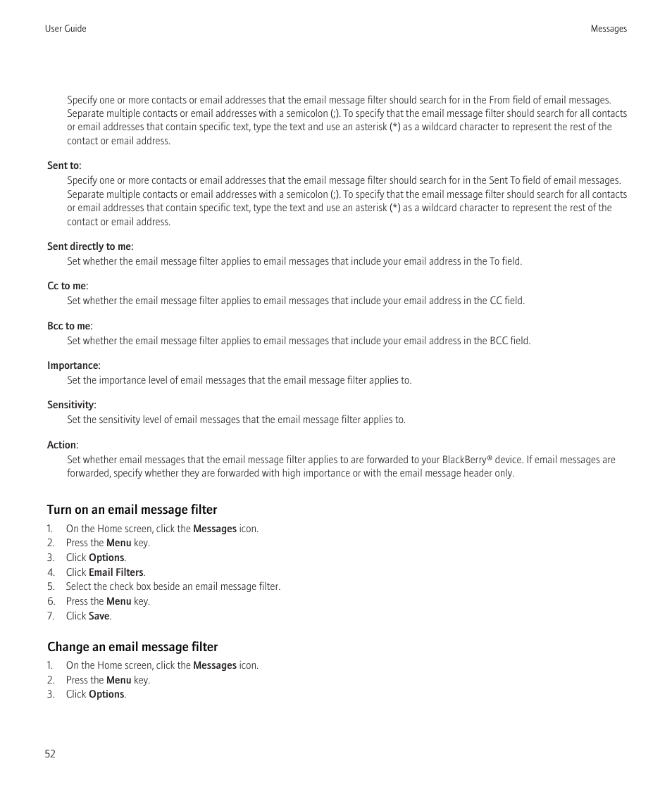 Change an email message filter, 52, Turn on an email message filter, Change an email message filter | Blackberry CURVE 8350I User Manual | Page 54 / 318