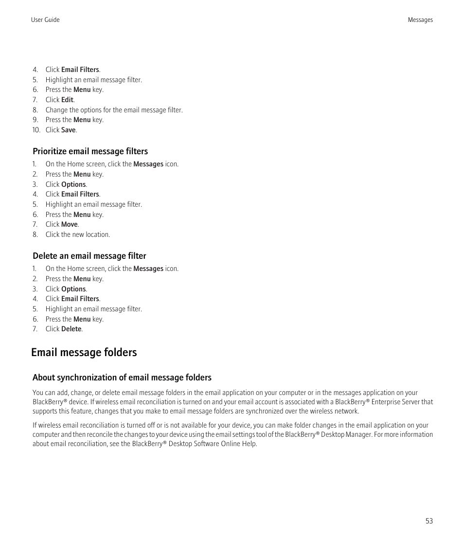 Email message folders | Blackberry CURVE 8350I User Manual | Page 55 / 318