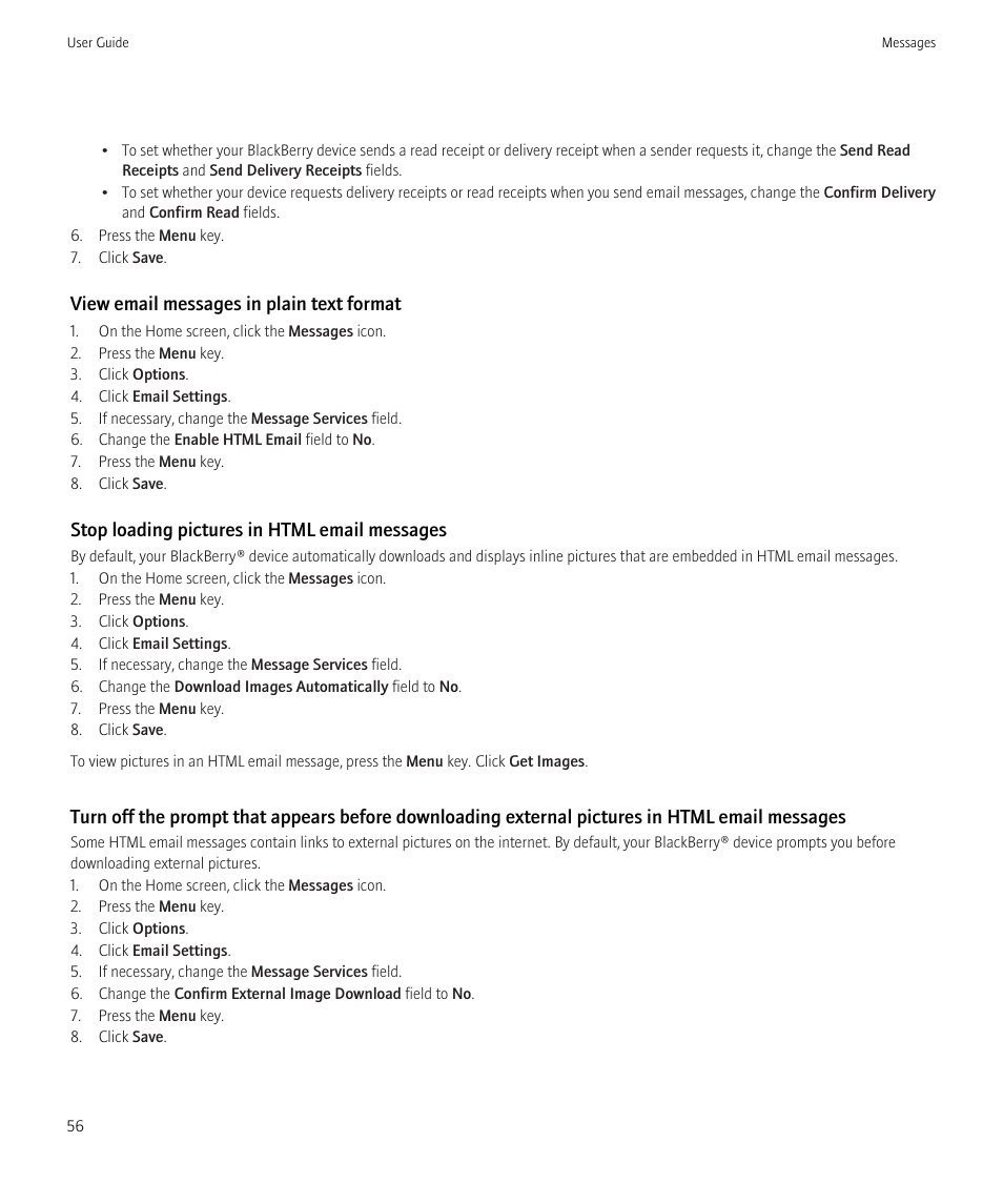 View email messages in plain text format, Stop loading pictures in html email messages | Blackberry CURVE 8350I User Manual | Page 58 / 318