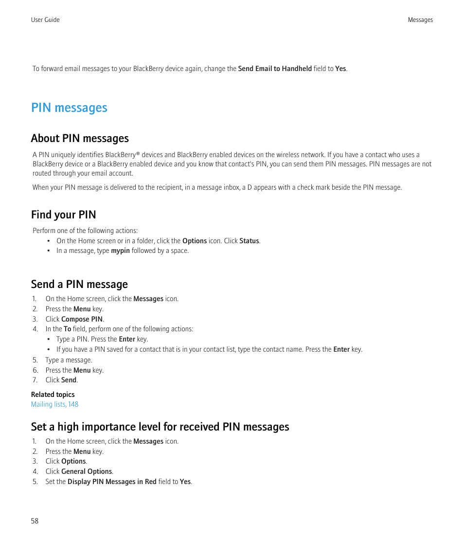 Pin messages, About pin messages, Find your pin | Send a pin message | Blackberry CURVE 8350I User Manual | Page 60 / 318
