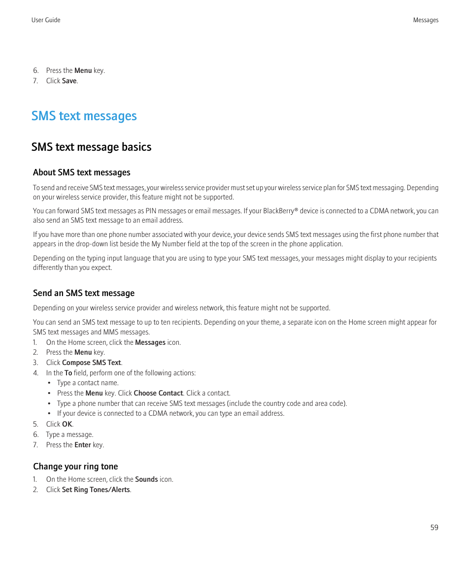 Sms text messages, Sms text message basics | Blackberry CURVE 8350I User Manual | Page 61 / 318
