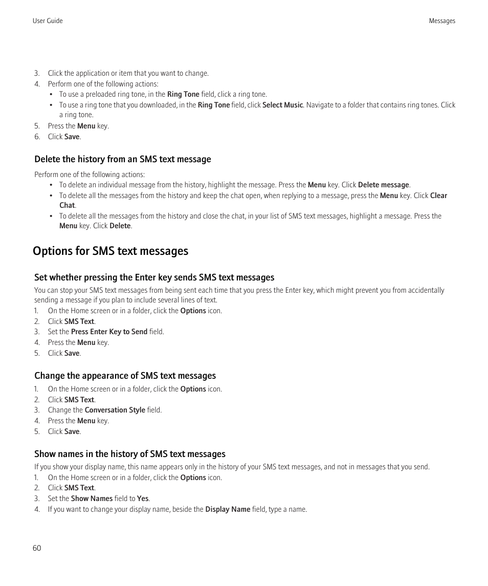 Options for sms text messages | Blackberry CURVE 8350I User Manual | Page 62 / 318