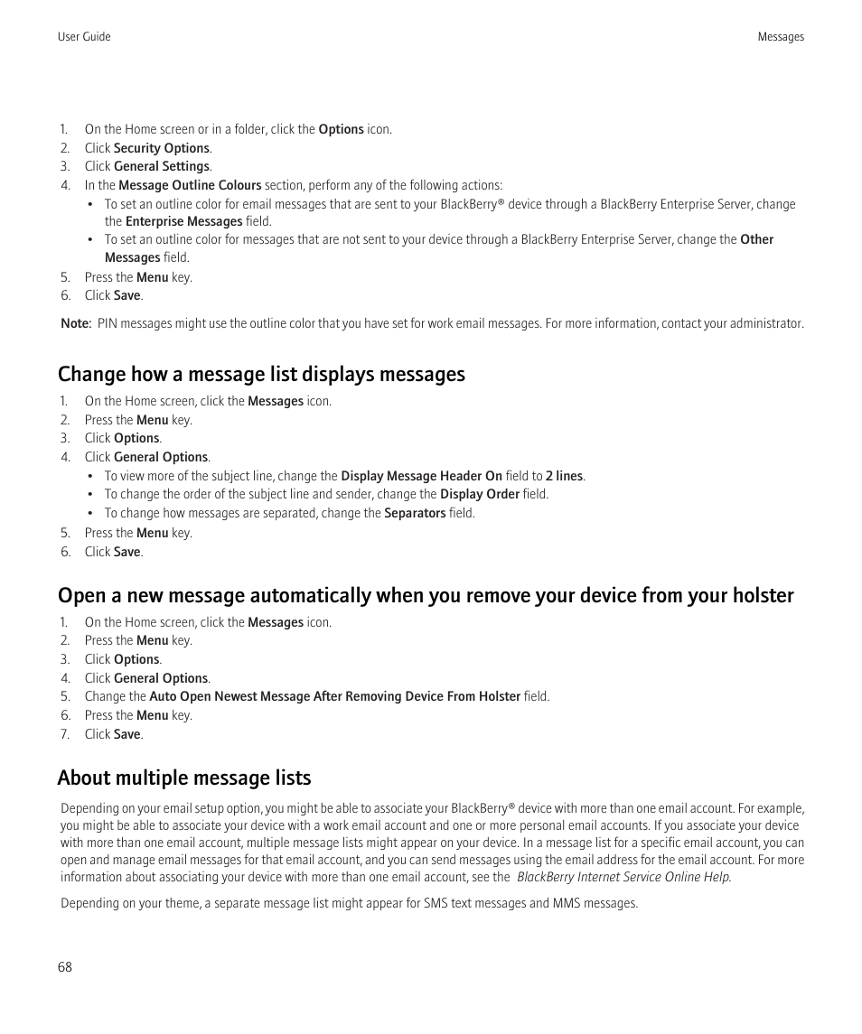 Change how a message list displays messages, About multiple message lists | Blackberry CURVE 8350I User Manual | Page 70 / 318