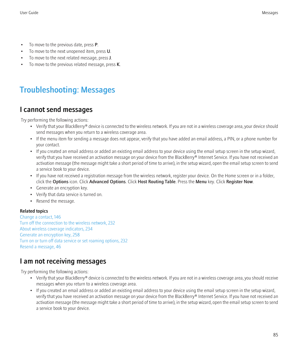 Troubleshooting: messages, I cannot send messages, I am not receiving messages | Blackberry CURVE 8350I User Manual | Page 87 / 318
