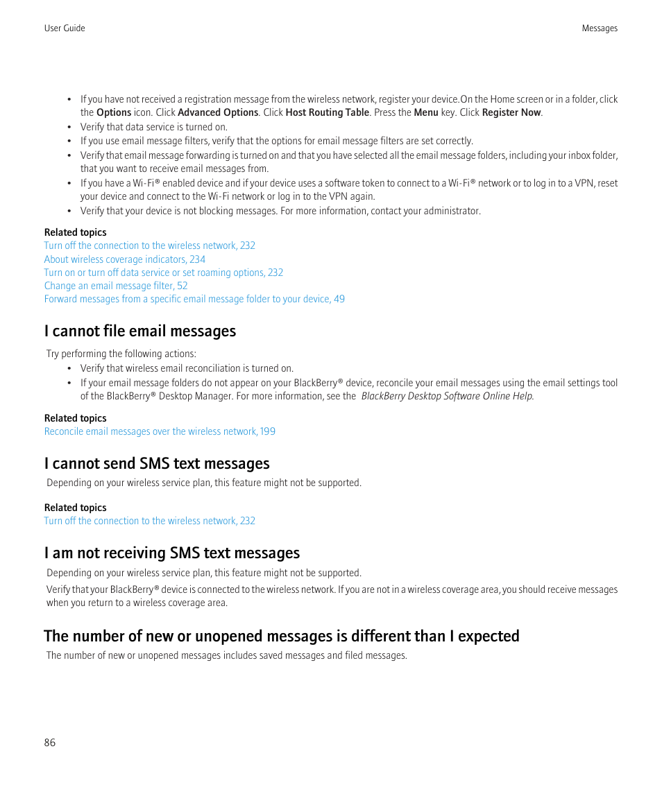 I cannot file email messages, I cannot send sms text messages, I am not receiving sms text messages | Blackberry CURVE 8350I User Manual | Page 88 / 318