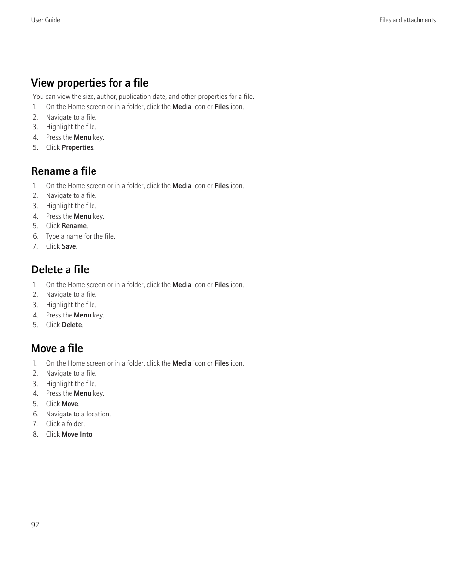 View properties for a file, Rename a file, Delete a file | Move a file | Blackberry CURVE 8350I User Manual | Page 94 / 318