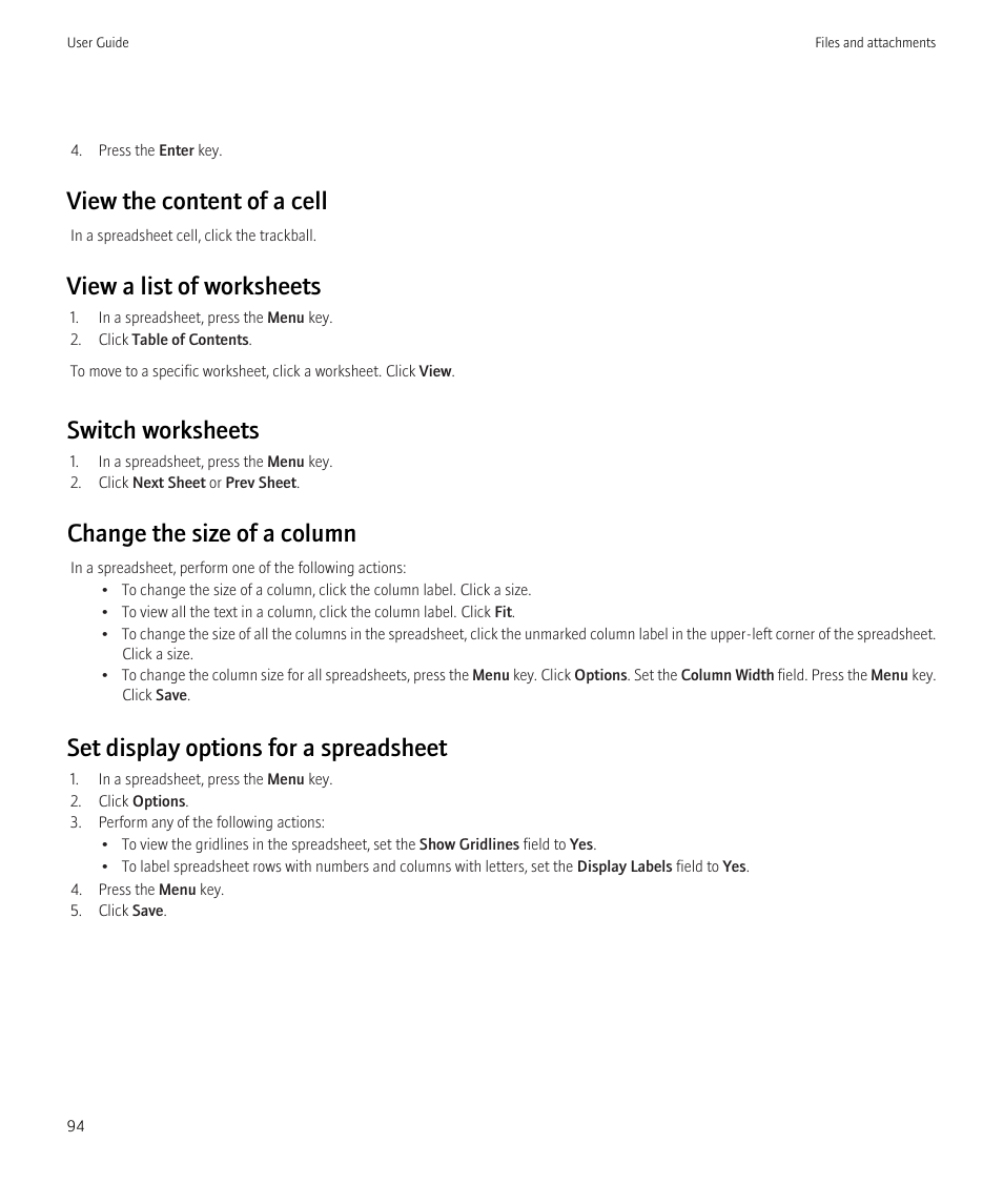 View the content of a cell, View a list of worksheets, Switch worksheets | Change the size of a column, Set display options for a spreadsheet | Blackberry CURVE 8350I User Manual | Page 96 / 318