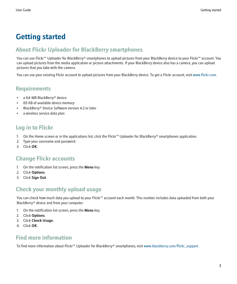 Getting started, About flickr uploader for blackberry smartphones, Requirements | Log in to flickr, Change flickr accounts, Check your monthly upload usage, Find more information | Blackberry Smartphones User Manual | Page 5 / 12