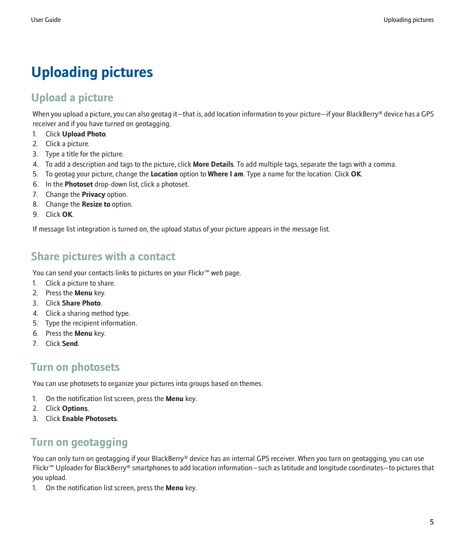 Uploading pictures, Upload a picture, Share pictures with a contact | Turn on photosets, Turn on geotagging | Blackberry Smartphones User Manual | Page 7 / 12