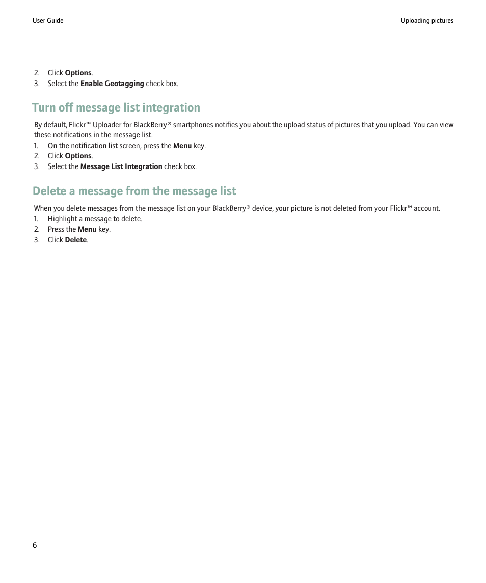 Turn off message list integration, Delete a message from the message list | Blackberry Smartphones User Manual | Page 8 / 12