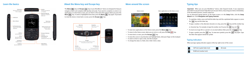 Learn the basics, About the menu key and escape key, Move around the screen | Typing tips, Typing indicators | Blackberry Curve 8500 User Manual | Page 3 / 4