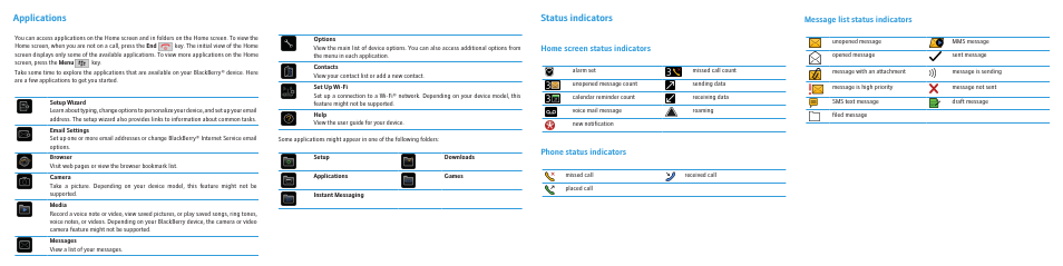 Applications, Status indicators, Home screen status indicators | Phone status indicators, Message list status indicators | Blackberry Curve 8500 User Manual | Page 4 / 4