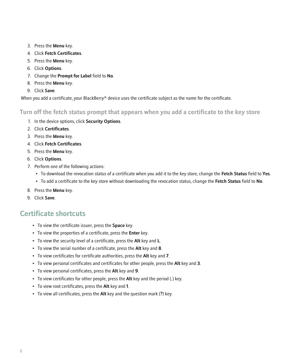 Certificate shortcuts | Blackberry Pearl 8100 Series User Manual | Page 10 / 25