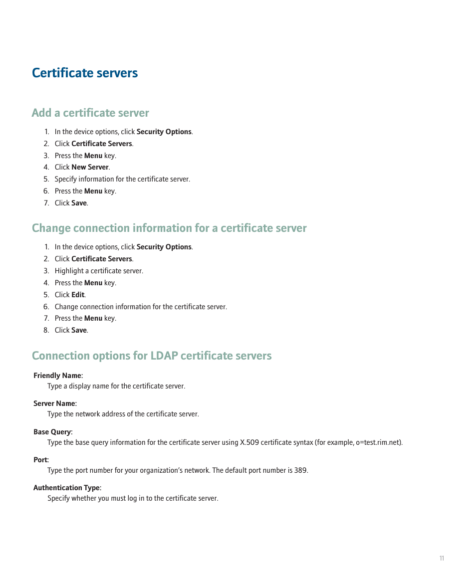 Certificate servers, Add a certificate server, Connection options for ldap certificate servers | Blackberry Pearl 8100 Series User Manual | Page 13 / 25