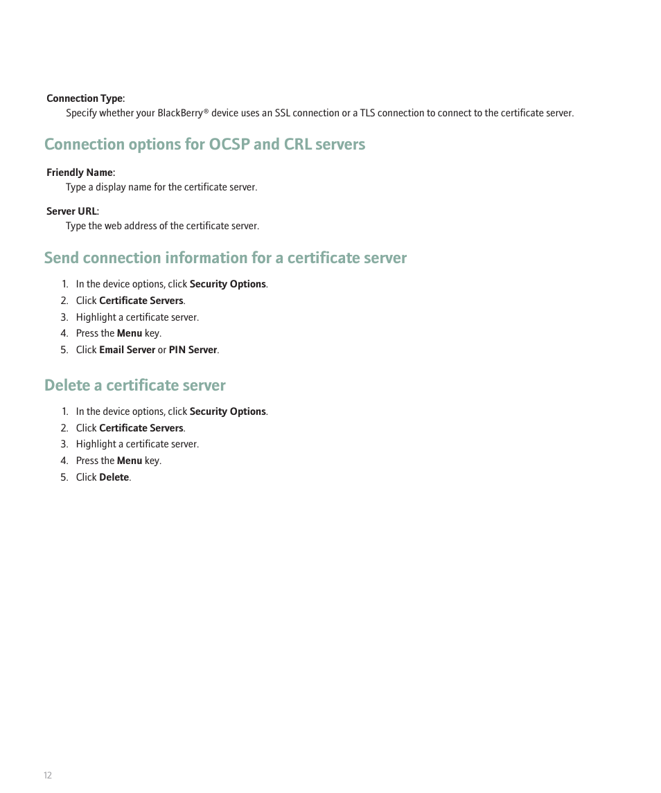 Connection options for ocsp and crl servers, Delete a certificate server | Blackberry Pearl 8100 Series User Manual | Page 14 / 25